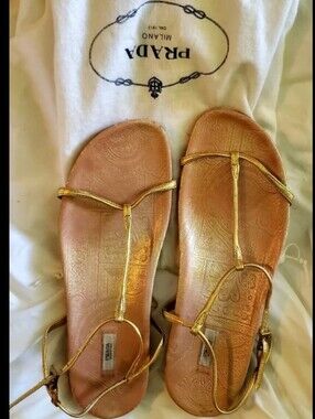Prada Metallic Gold Leather T-Strap Sandals